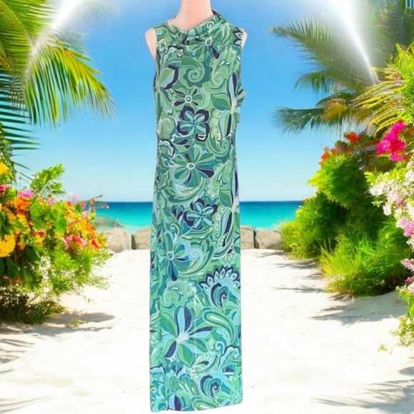 DONNA MORGAN NWT MESH MOCK NECK MAXI DRESS WHITE/GREEN SLEEVELESS SIZE 12 - Picture 4 of 10